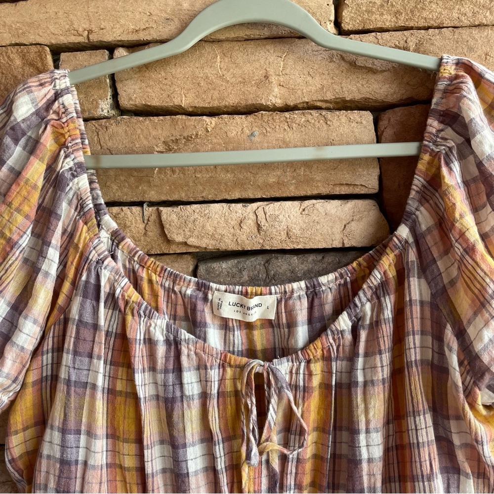 Lucky Brand multicolor plaid boho peasant blouse top Women Large - Like new - Picture 3 of 10